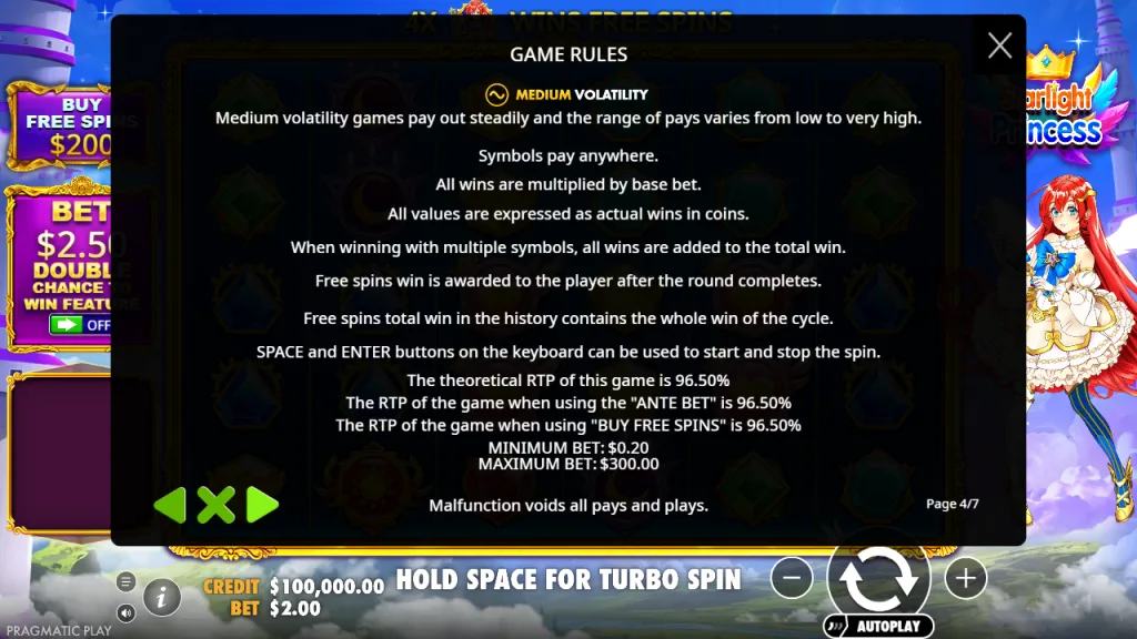 Starlight Princess game rules with 96.50% RTP, medium volatility and bet limits