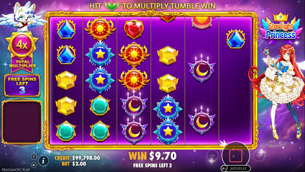 Starlight Princess free spins with 4x total multiplier
