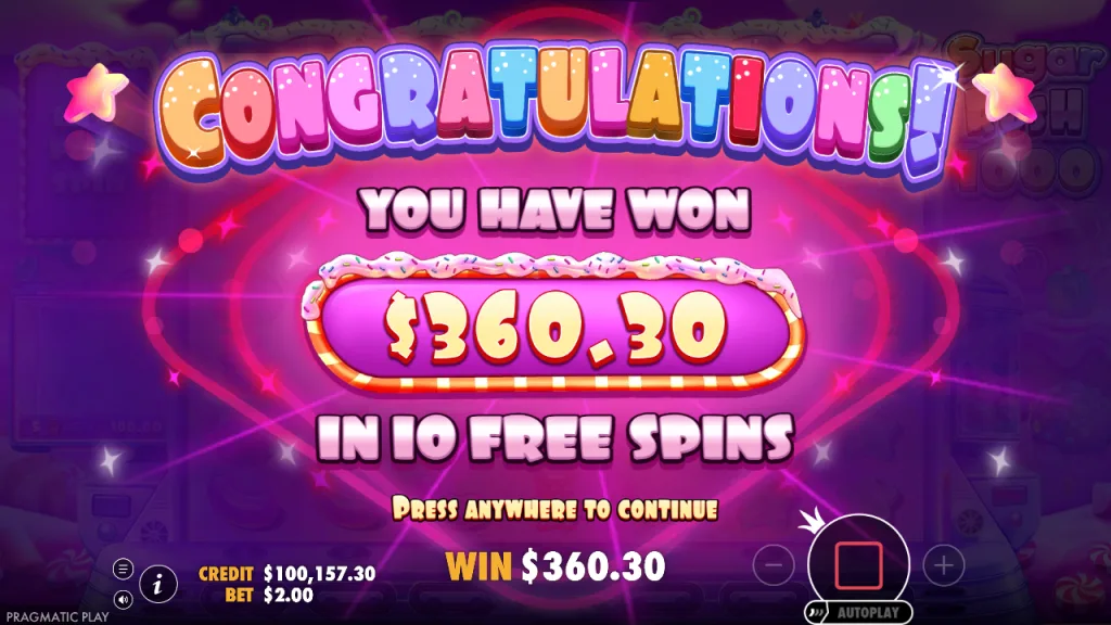 Sugar Rush 1000 free spins total win screen
