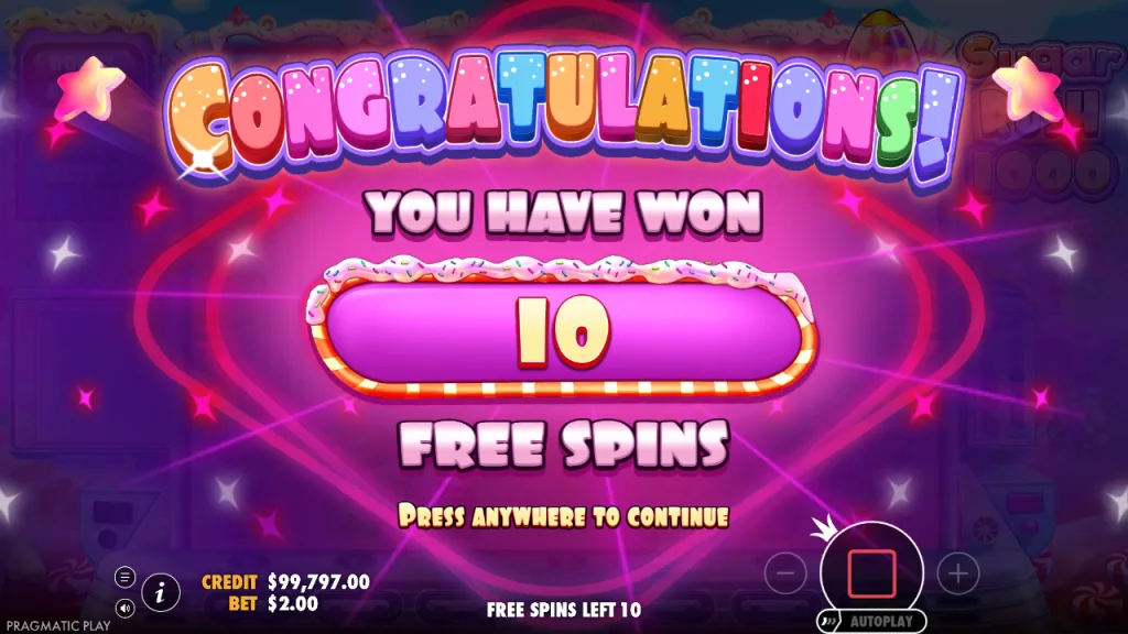 Sugar Rush 1000 10 free spins awarded screen