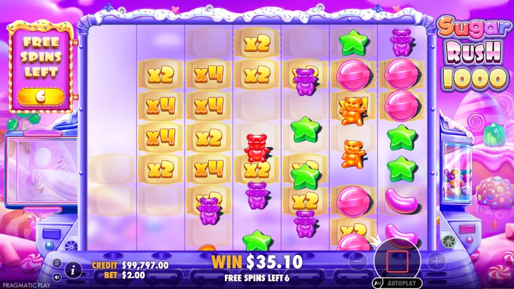 Sugar Rush 1000 free spins grid with persistent x2 and x4 spots