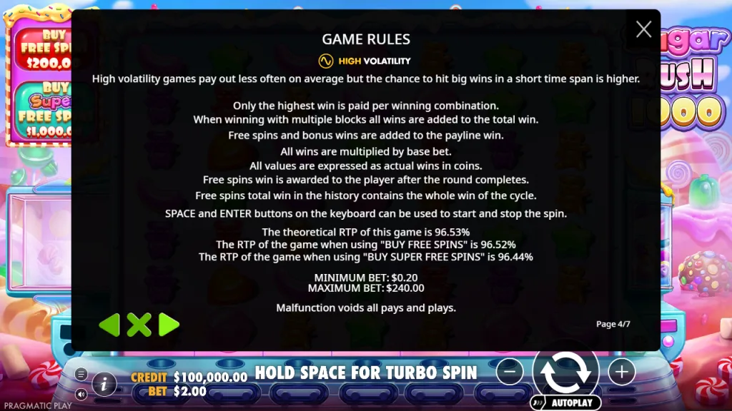 Sugar Rush 1000 game rules with 96.53% RTP, high volatility and bet limits