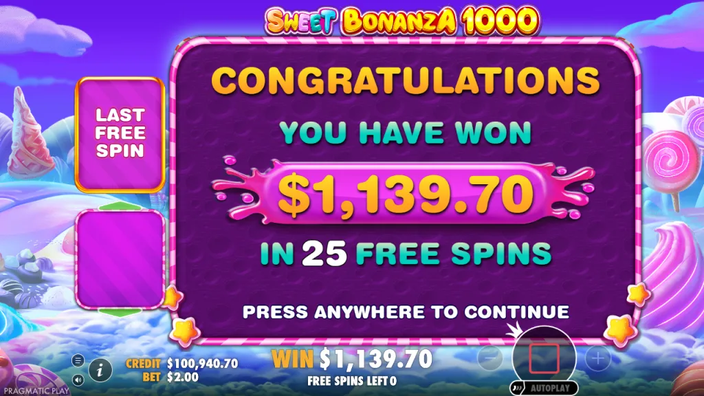 Sweet Bonanza 1000 free spins total win screen after 25 spins