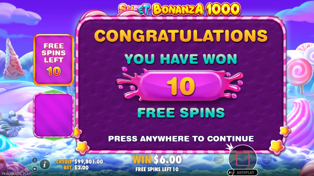 Sweet Bonanza 1000 10 free spins awarded screen