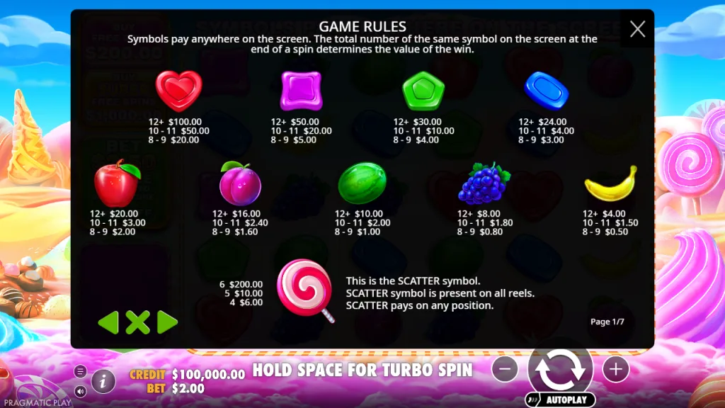 Sweet Bonanza 1000 paytable and lollipop scatter payouts