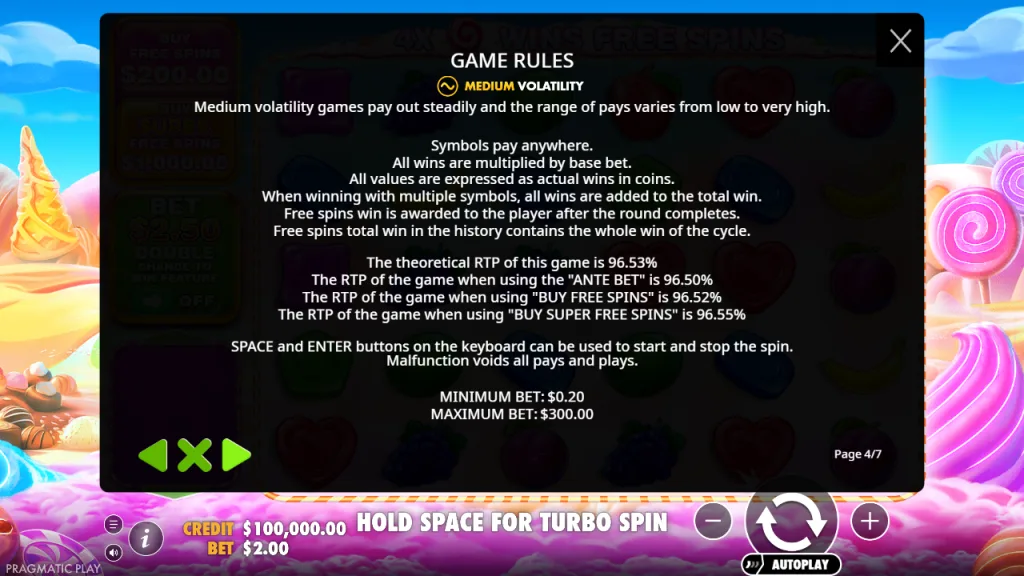 Sweet Bonanza 1000 game rules with 96.53% RTP, medium volatility and bet limits