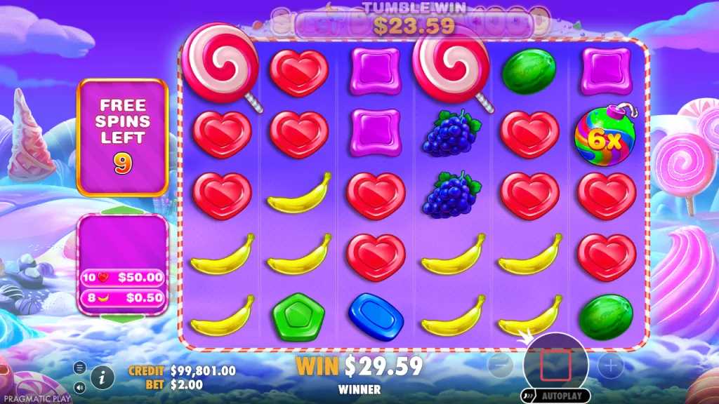Sweet Bonanza 1000 tumble win with a 6x bomb in free spins