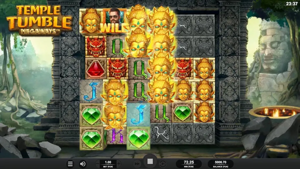Temple Tumble Megaways official screenshot by Relax Gaming showing a winning tumble of golden head symbols