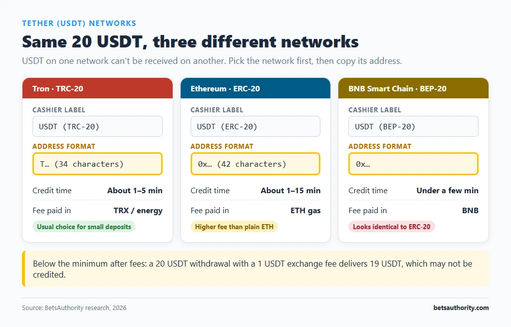 Diagram of 20 USDT on TRC-20, ERC-20 and BEP-20 showing each address format, cashier network label, credit time and fee token
