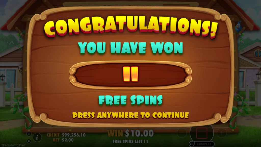 The Dog House 11 free spins awarded screen