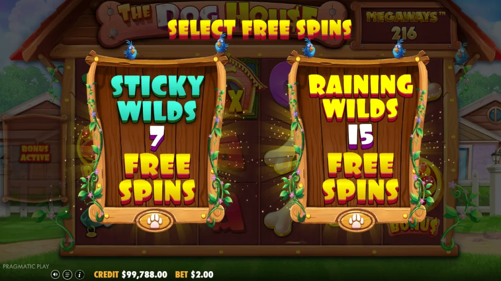 The Dog House Megaways choice between sticky wilds and raining wilds free spins