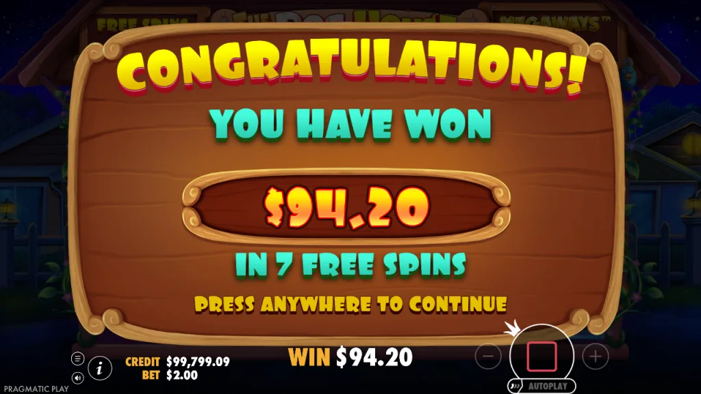 The Dog House Megaways 7 free spins total win screen