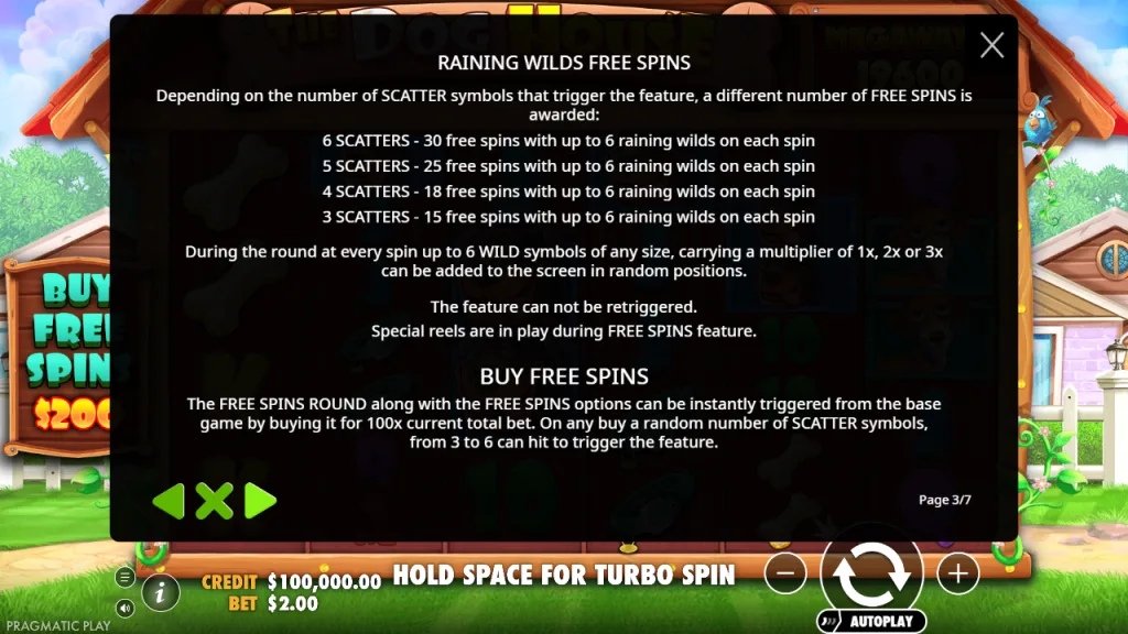 The Dog House Megaways raining wilds free spins and buy rules