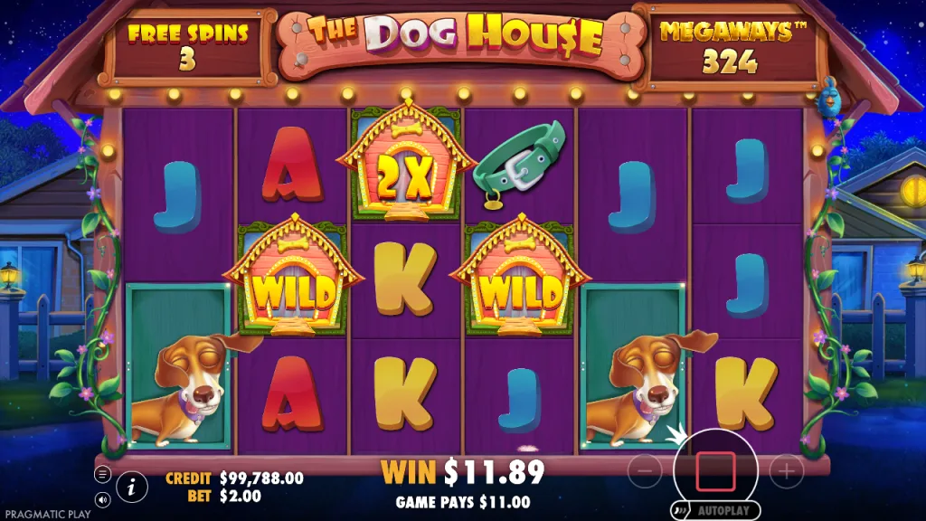 The Dog House Megaways free spins with three sticky wilds and 2x multiplier