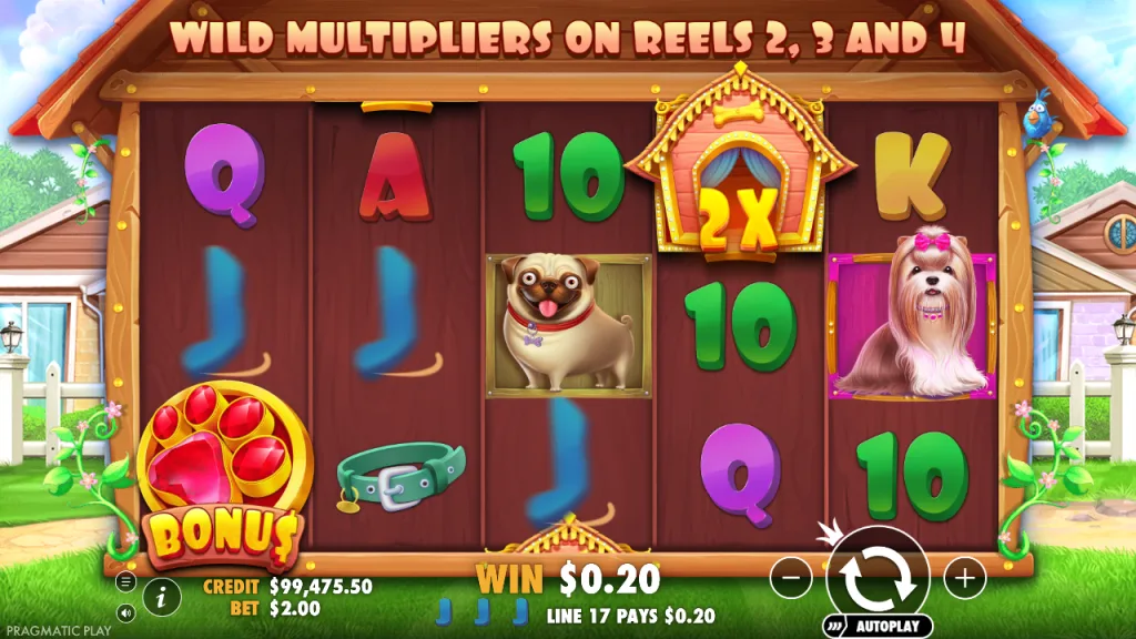 The Dog House kennel wild with 2x multiplier on reel 4