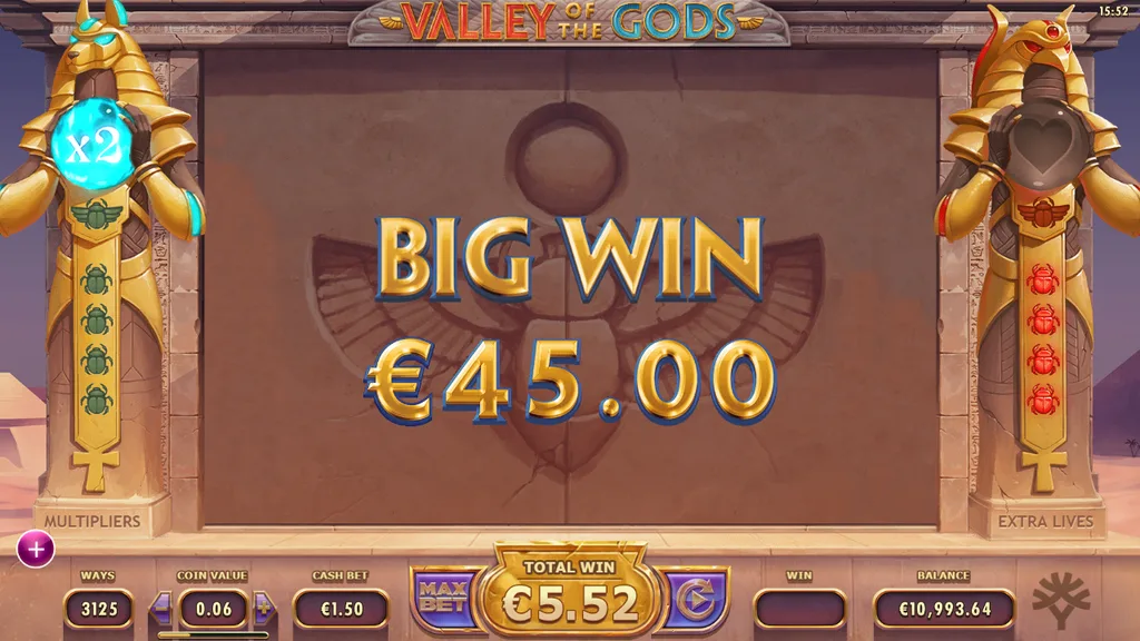 Valley of the Gods big win screen during a respin sequence