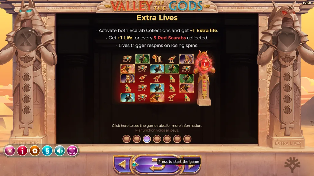Valley of the Gods paytable page explaining Extra Lives