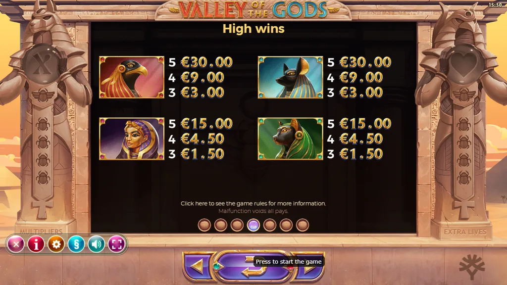 Valley of the Gods paytable for the four god symbols