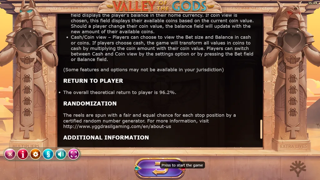 Valley of the Gods game rules showing 96.2% theoretical return to player