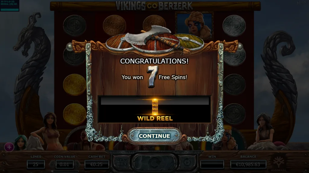 Vikings Go Berzerk 7 free spins awarded with Wild Reel bonus