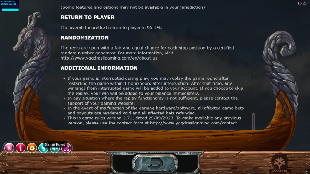 Vikings Go Berzerk game rules showing 96.1% RTP