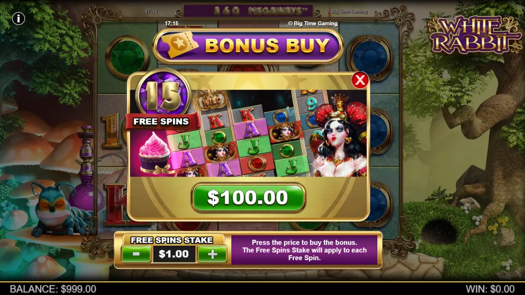 White Rabbit Megaways bonus buy for 15 free spins at 100x the stake