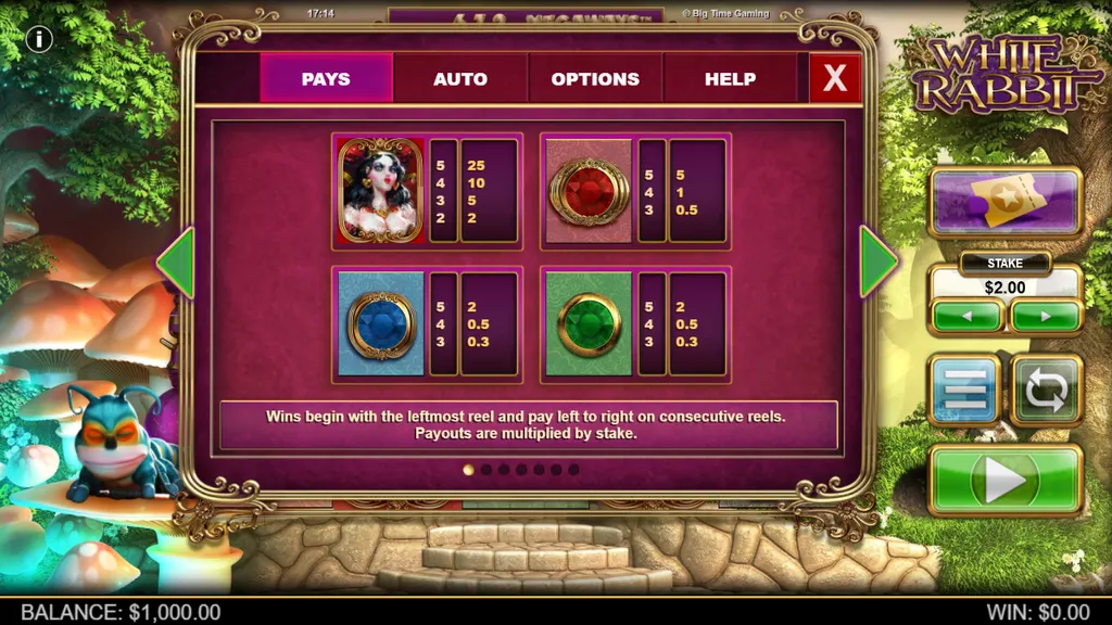White Rabbit Megaways paytable with the Red Queen and jewels