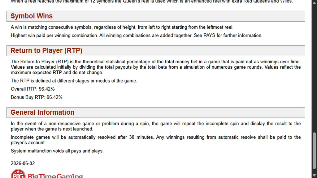 White Rabbit Megaways game rules showing 96.42% RTP