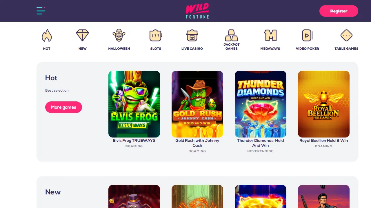 Wild Fortune casino lobby with game categories and Hot pokies row, screenshot October 2026