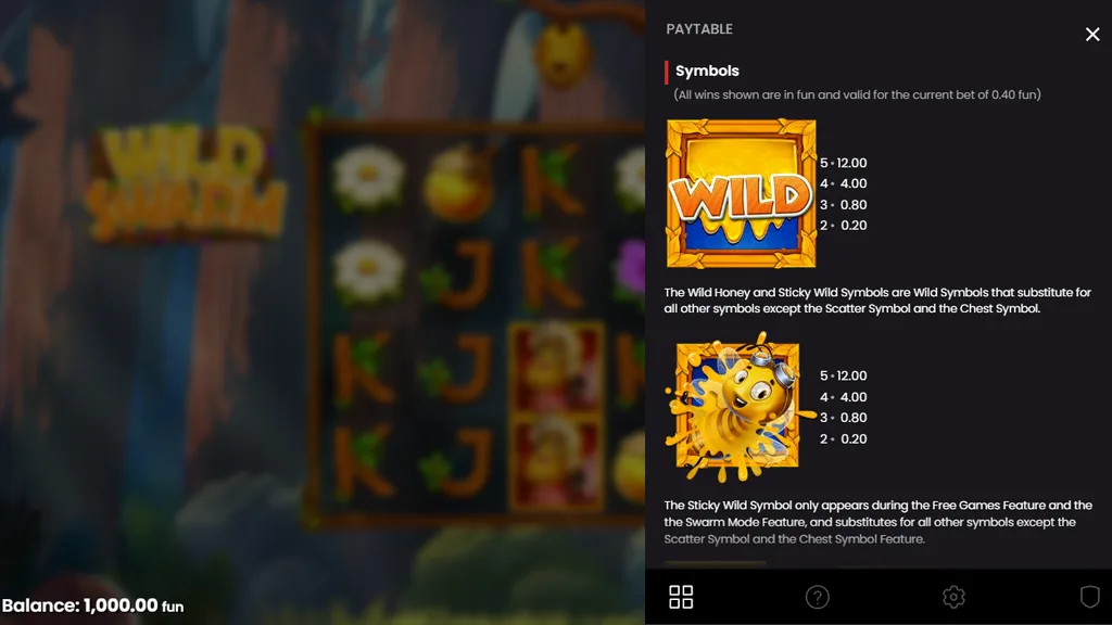 Wild Swarm paytable with wild and premium symbol payouts