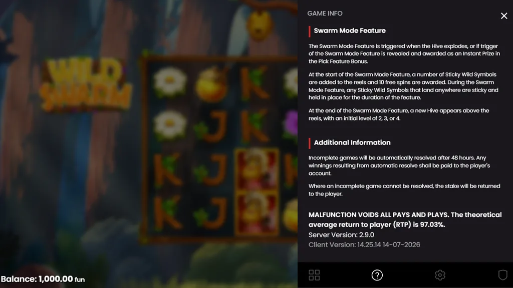 Wild Swarm game rules showing 97.03% RTP