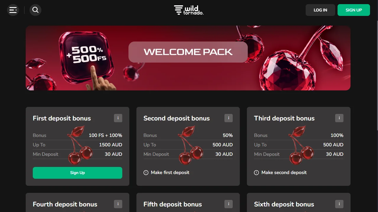 Wild Tornado welcome pack page showing the first deposit bonus of 100 free spins + 100% up to 1,500 AUD and the second and third deposit bonuses, each from 30 AUD, screenshot 29 October 2026