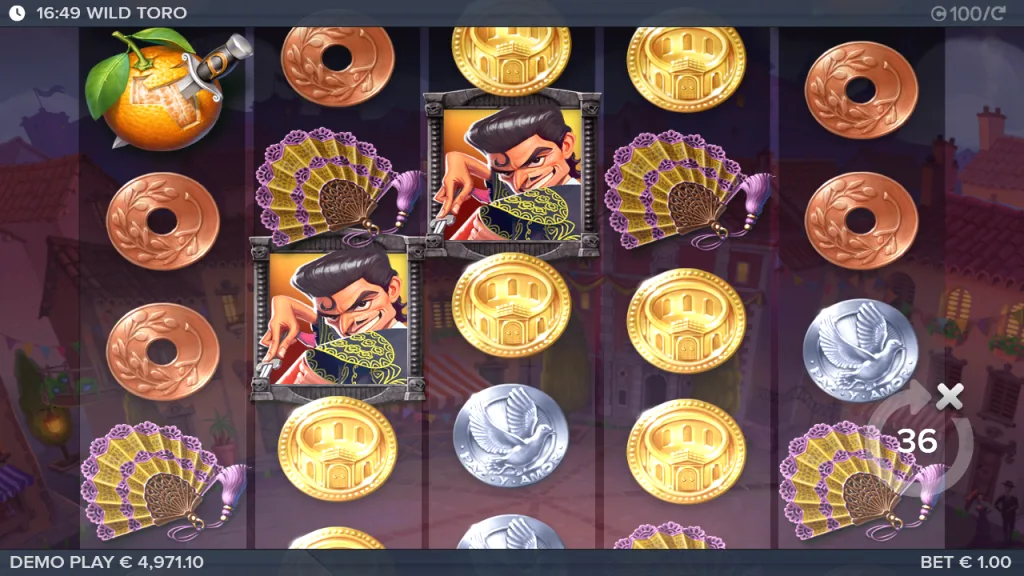 Wild Toro matador symbols blocking positions on reels 2 and 3