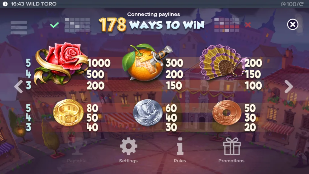 Wild Toro paytable in coins with 178 ways to win