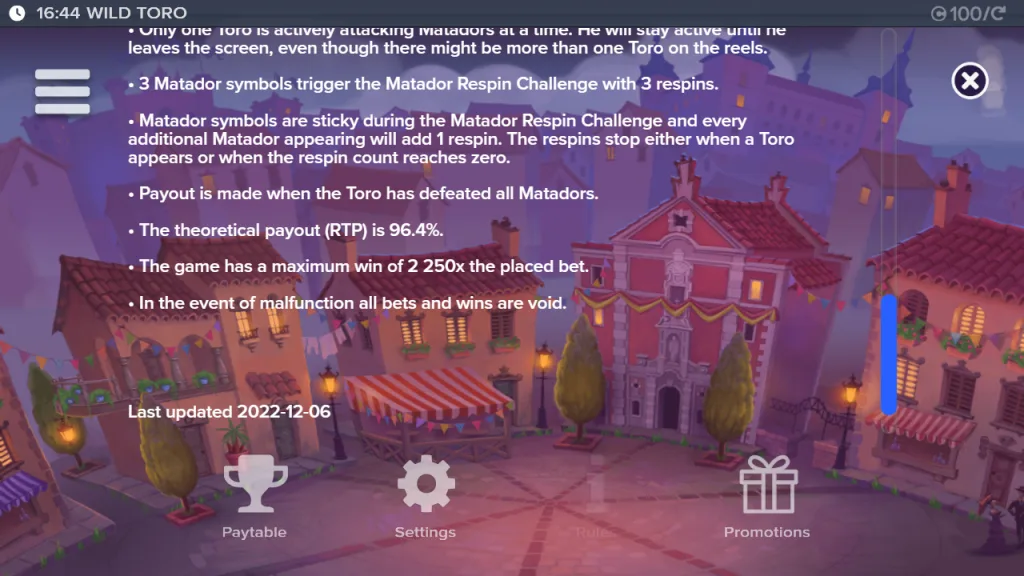 Wild Toro game rules showing 96.4% RTP and 2,250x max win