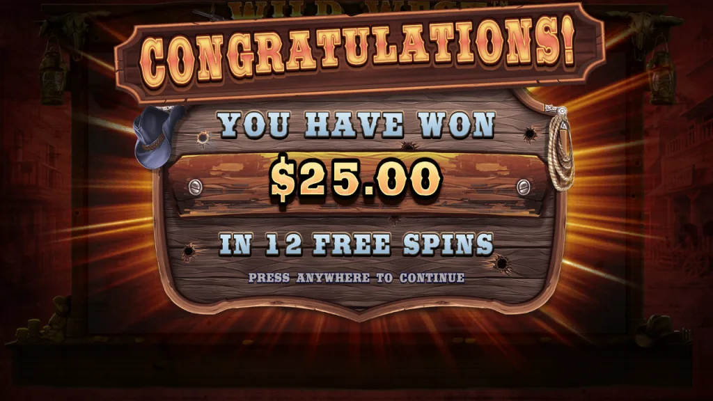 Wild West Gold 12 free spins total win screen