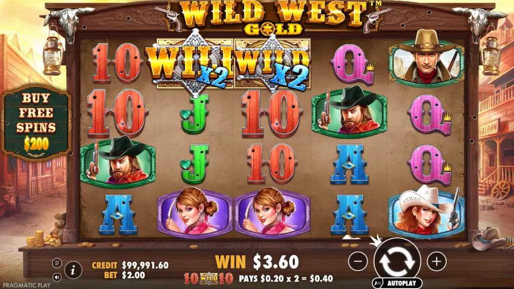 Wild West Gold base game win with two 2x wild multipliers