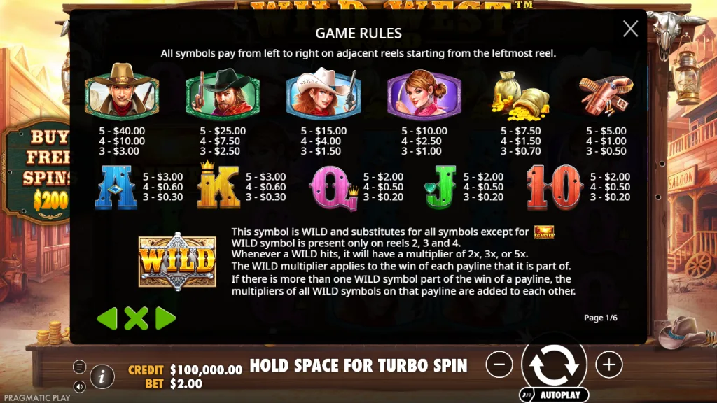 Wild West Gold paytable and wild multiplier rules