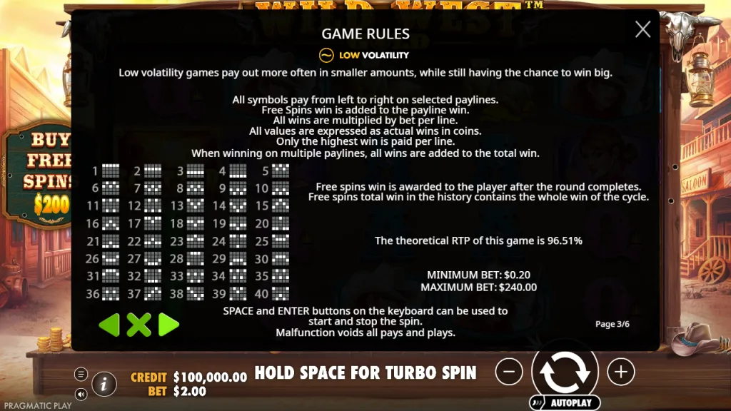 Wild West Gold game rules with 96.51% RTP and 40 paylines