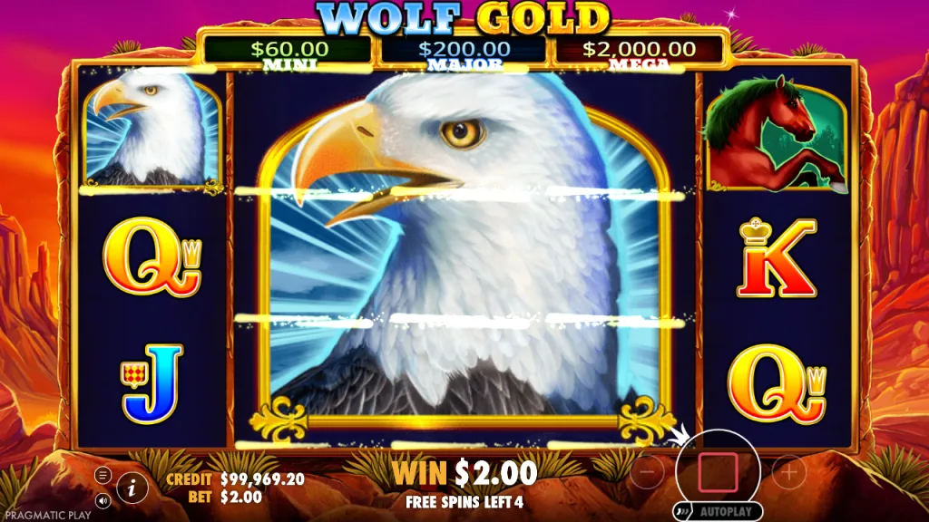 Wolf Gold free spins with a giant eagle symbol on reels 2 to 4
