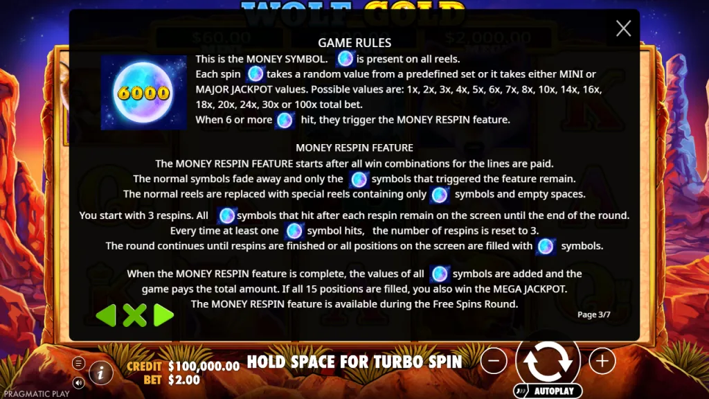 Wolf Gold money symbol and Money Respin rules