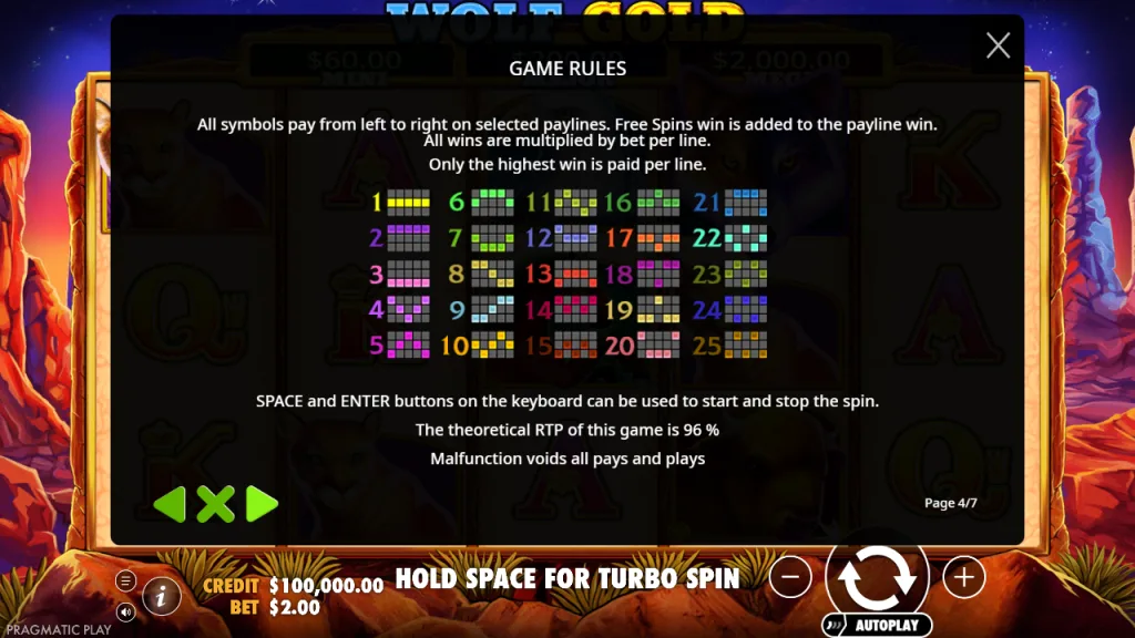 Wolf Gold game rules with 96% RTP and 25 paylines