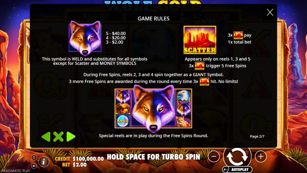 Wolf Gold wild, scatter and free spins rules