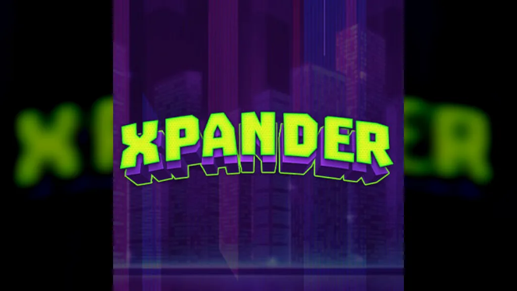 Xpander official promo tile by Hacksaw Gaming: the neon green Xpander logo over a purple city skyline