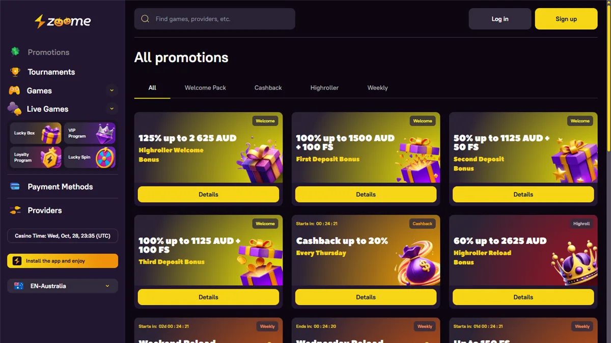 Zoome Casino All promotions page with cards for the 125% up to A$2,625 high-roller welcome bonus, 100% up to A$1,500 + 100 FS first deposit bonus, Thursday cashback up to 20% and weekly reloads, plus a cookie notice asking visitors to confirm they are outside Australia, 29 October 2026